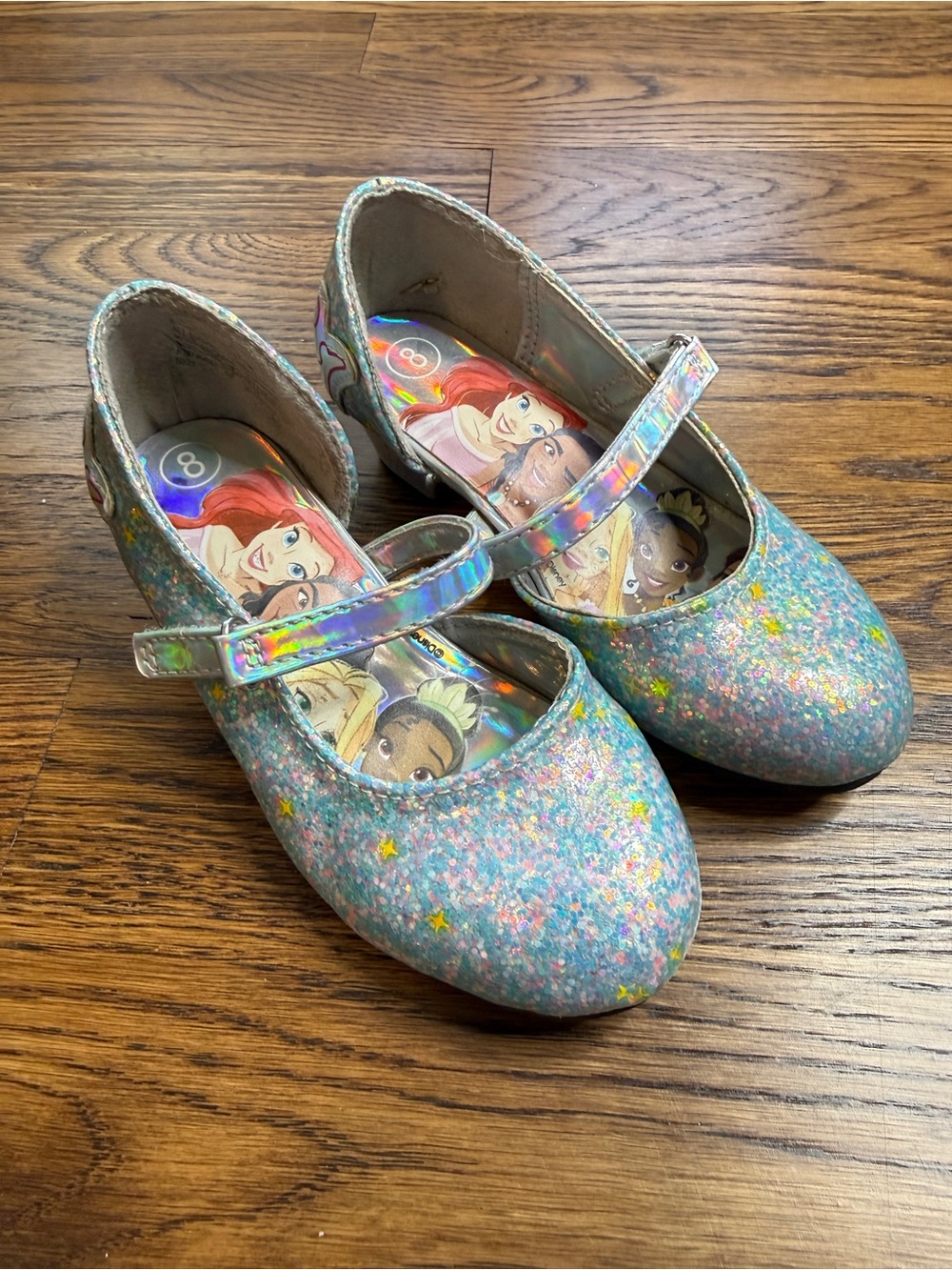 Disney Princes Girls Glitter Mary Jane Dress Up Low Heel Silver Holographic Sz 8
